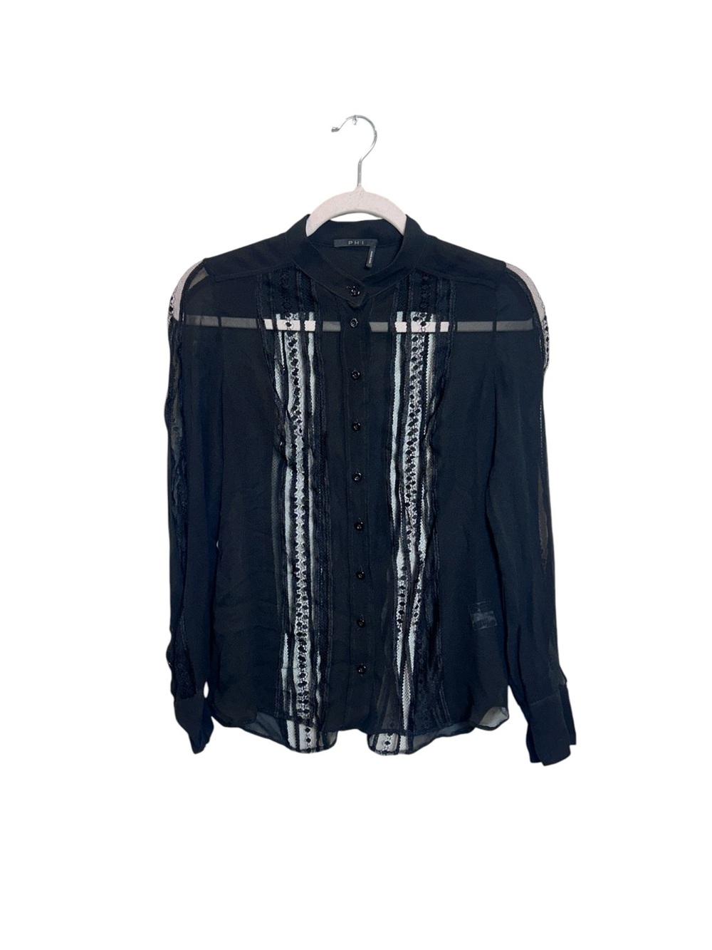 PHI Silk Black Sheer Lace-Panel Button Front Blouse